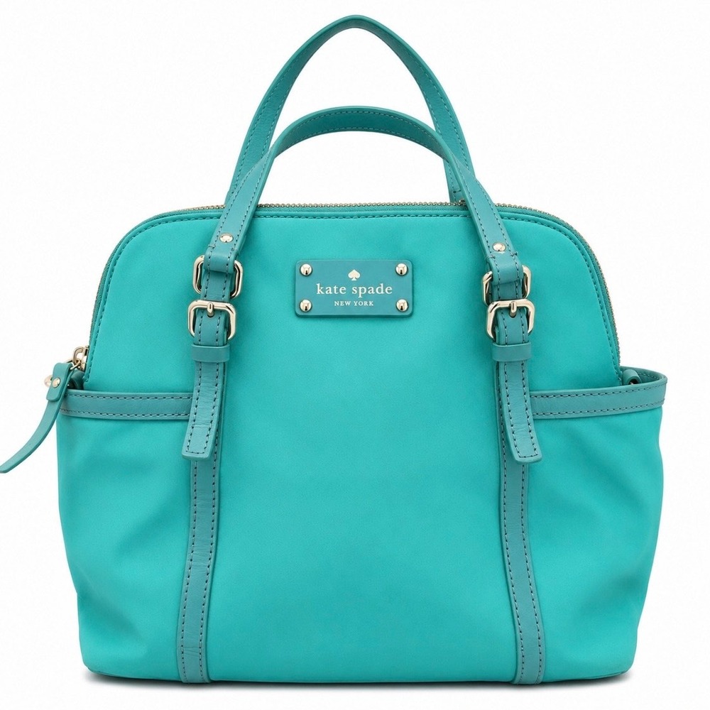 Kate Spade New York Nylon Satchel Tote Turquoise Teal Leather Trim Handbag Purse